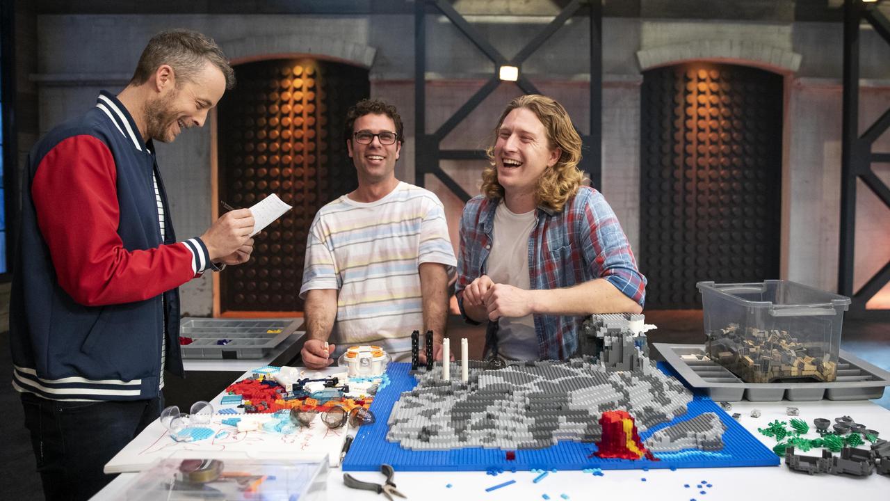 Lego Masters host Hamish Blake with Trent Cucchiarelli and Josh Taylor. Picture: supplied