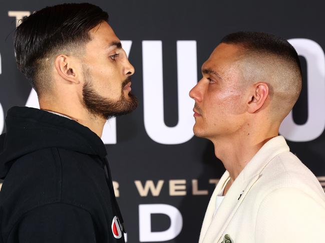 Carlos Ocampo and Tszyu met face-to-face for the first time on Wednesday night. Picture: Chris Hyde/Getty Images