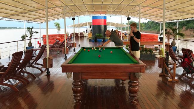 The billiard table on RV Mekong Pandaw’s massive covered teak deck. Picture: Penny Hunter