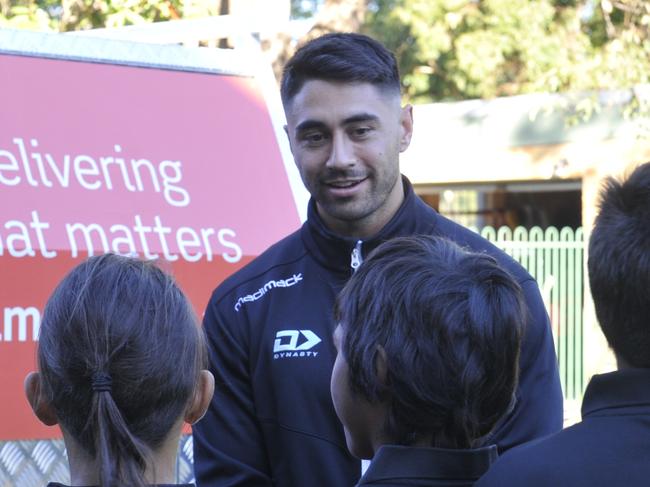 Cronulla Sharks players Shaun Johnson, Wade Graham and Will Chambers visit Orara High School. Sharks major sponsor Aramex made a $5000 donation to the Clontarf Foundation which operates at the school.