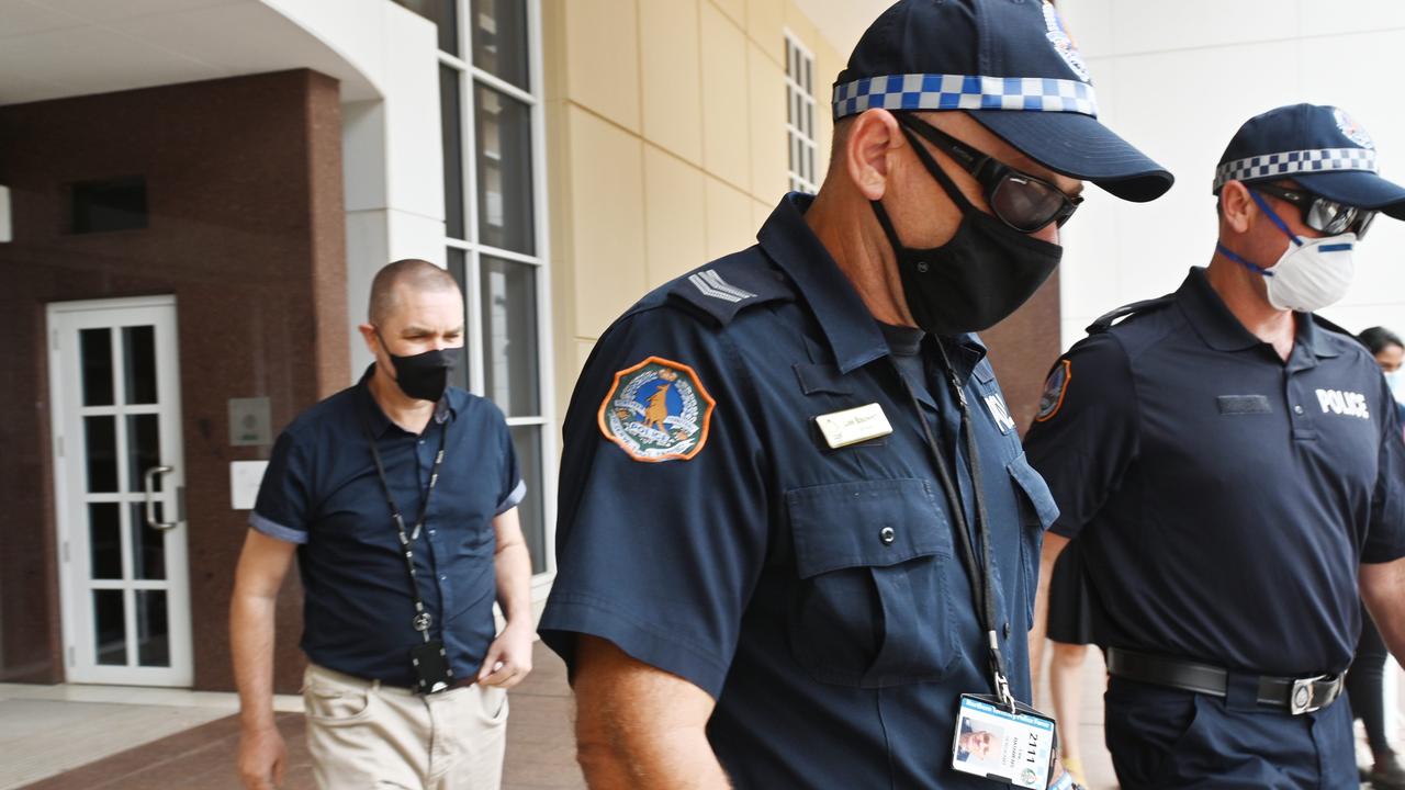 Sergeant Lee Bauwens leaves the court on a previous occasion with Adam Eberl Picture Julianne Osborne