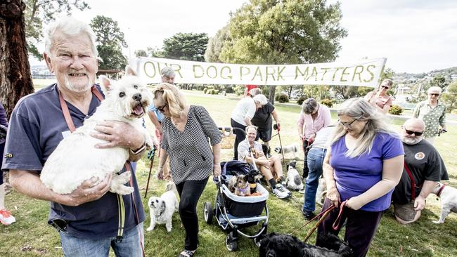 Anzac Park dog rules set to change limiting the enjoyment of dog owners. Front and centre is spokesperson Derek Blair and his dog Harry. Picture Eddie Safarik