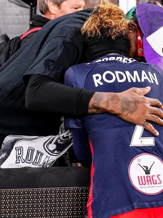 Dennis Rodman and Trinity Rodman shared an emotional hug when he surprised her at a Spirit victory a NWSL playoff game in November 2021. Picture: Instagram