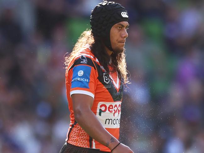 MELBOURNE, AUSTRALIA - MAY 11: Jarome Luai of the Tigers looks dejected during the round 10 NRL match between Melbourne Storm and Wests Tigers at AAMI Park, on May 11, 2025, in Melbourne, Australia. (Photo by Mike Owen/Getty Images)