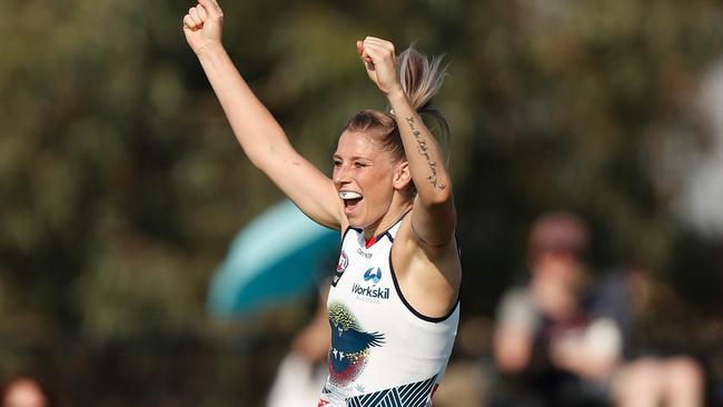 Deni Varnhagen celebrating kicking a goal during the AFLW preliminary final against Geelong at Adelaide Oval last week. Picture: Michael Willson/AFL Media