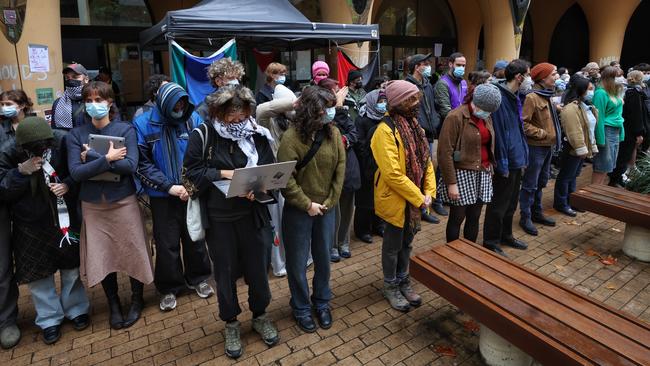 Pro-Palestine protesters set up outside the Arts West building at the University of Melbourne. Picture: Mark Stewart