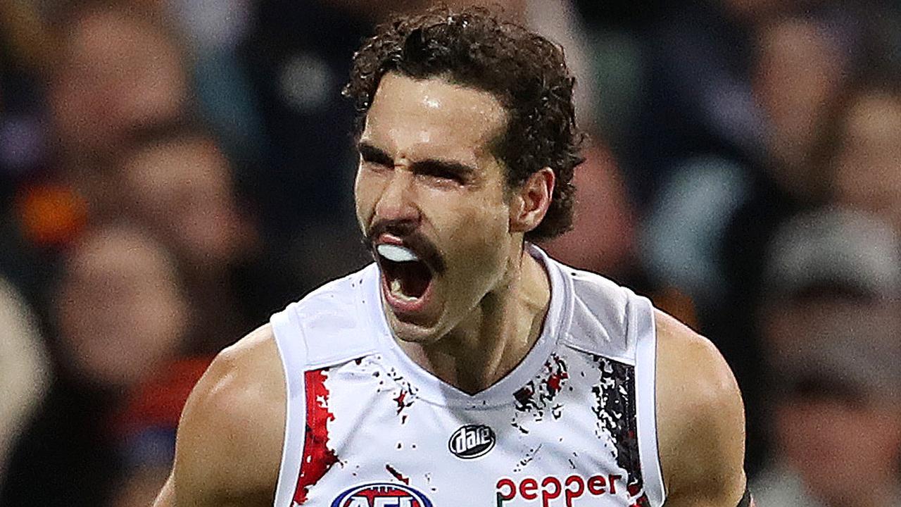 ADELAIDE, AUSTRALIA - MAY 21: Max King of the Saints celebrates a goal during the 2022 AFL Round 10 match between the Adelaide Crows and the St Kilda Saints at Adelaide Oval on May 21, 2022 in Adelaide, Australia. (Photo by Sarah Reed/AFL Photos via Getty Images)