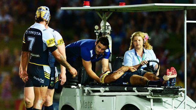 Justin O'Neill is stretched off the field. Picture: Zak Simmonds