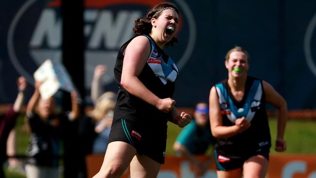 Megan Girolami celebrates a goal for St Mary’s. Picture: Hamish Blair