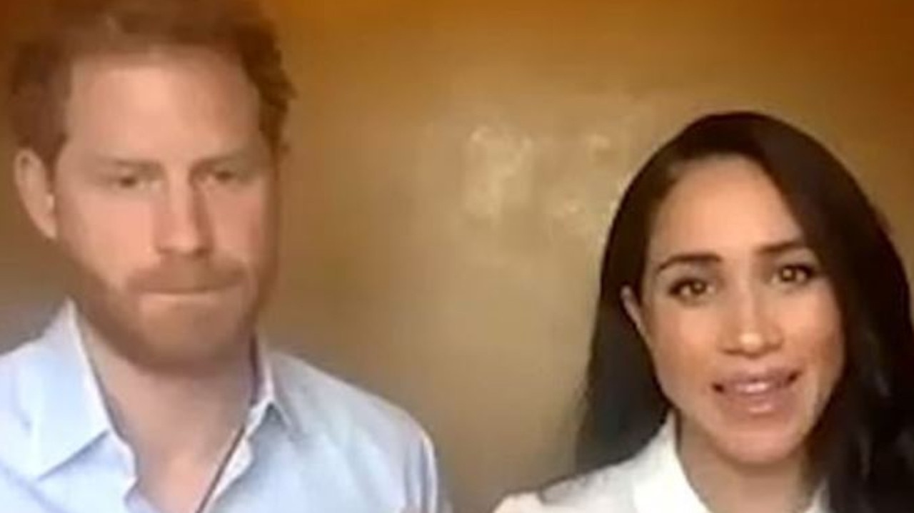 Prince Harry and Meghan Markle on a Zoom call with young leaders from their LA mansion. Picture: Queen’s Commonwealth Trust