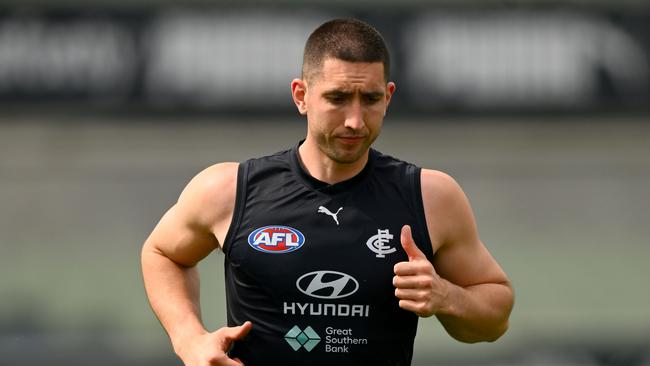 Carlton defender Jacob Weitering thought he had ruptured his achilles when he suffered a calf tendon injury in pre-season training in January. Picture: Morgan Hancock / Getty Images