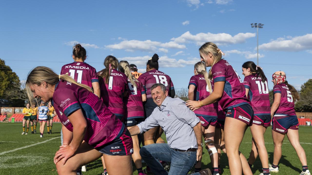 Toowoomba Bears Womens 7s celebrate their win over Roma Echnidas Womens 7s. Picture: Kevin Farmer