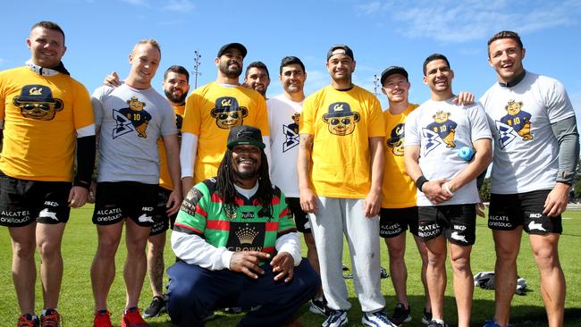 Former NFL MVP Marshawn Lynch visits the Rabbitohs Players before training at Redfern Oval. Pic Stephen Cooper