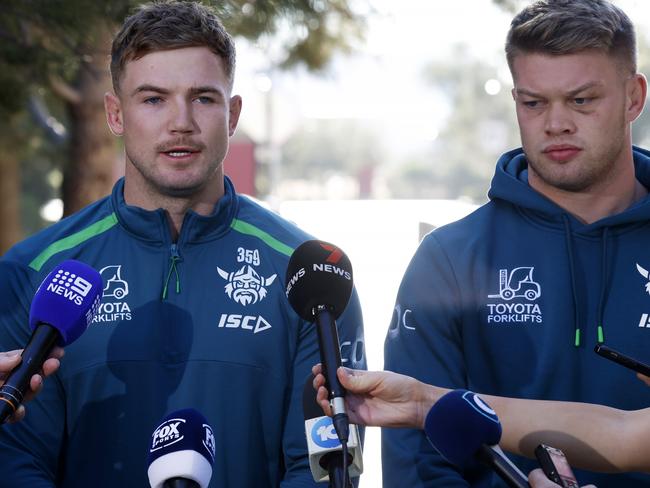 DAILY TELEGRAPH FEBRUARY 24, 2025. Canberra Raiders players Hudson Young and Morgan Smithies front the media regarding an incident at their Hilton Hotel in Las Vegas on Thursday night. Picture: Jonathan Ng