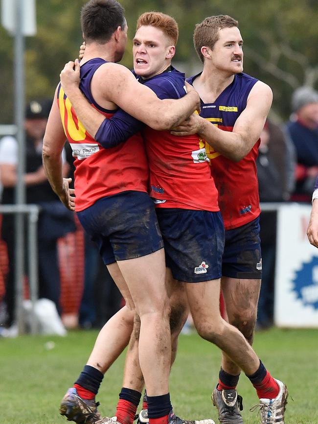 Jason Williams celebrates his matchwinning goal for Diggers Rest. Picture: Josie Hayden