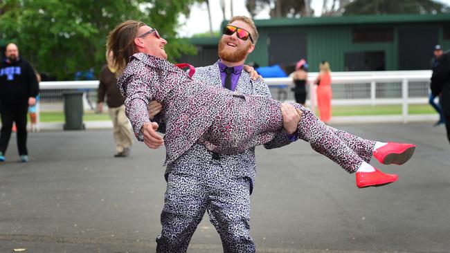 Geelong Cup Racing Carnival 2015 pink shoes: Wade Tarticchio purple shoes: Blaine Templeton both from Geelong Picture: Mitch Bear