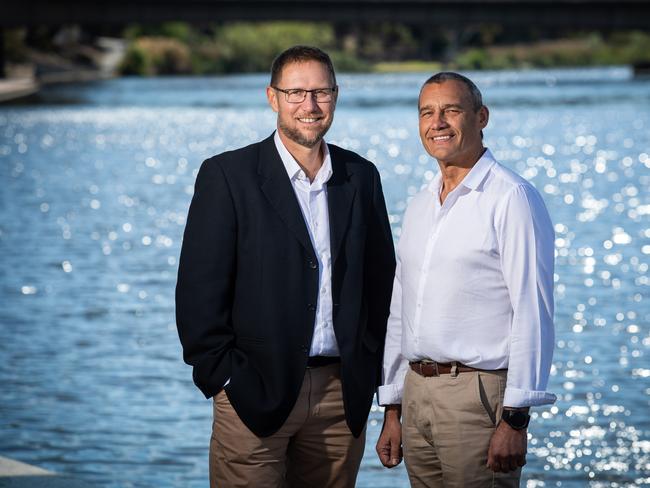 The cave divers who led the rescue of the boys from the Thai cave, Richard Harris (left) and Craig Challen (right), by the River Torrens in Adelaide SA. Picture: James Elsby