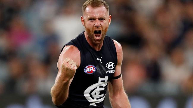 Sam Docherty celebrates his inspirational goal before halftime. Picture: AFL Photos via Getty Images