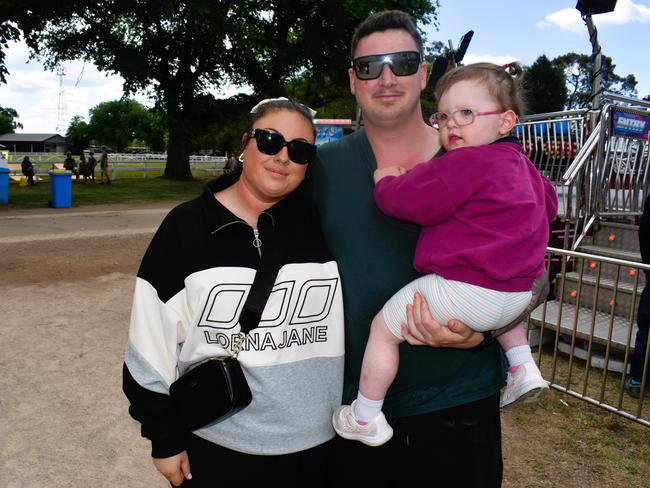 Attendees enjoying the 159th Sale Agricultural Show at the Sale Showgrounds on Friday, November 01, 2024: D’arne Morabito, Corey Swanton and Evelyn. Picture: Jack Colantuono