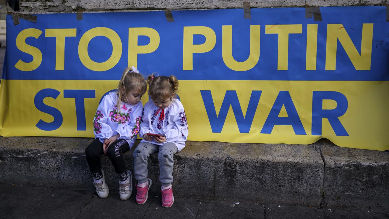 Children in Rome attend a demonstration to mark 2 years since Russia’s invasion of Ukraine, amid concerns over ongoing Western support for Kyiv. Picture: Antonio Masiello/Getty Images