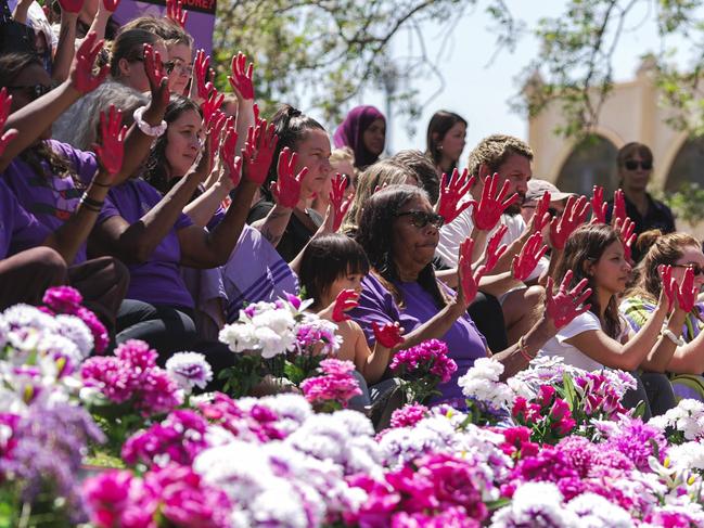 The 200-strong crowd outside Alice Springs Court House joined a Territory-wide day of action in Tuesday calling for domestic violence funding reform.