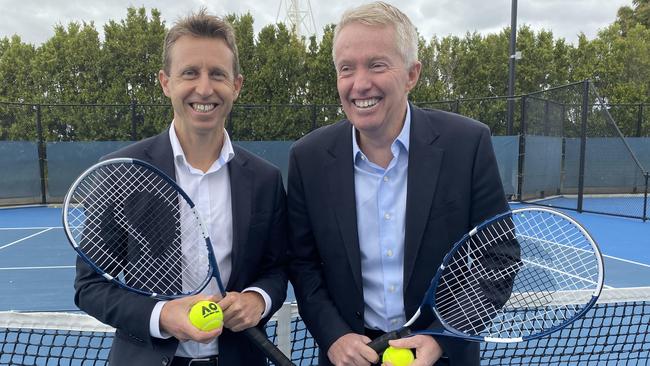 Tennis Australia Chief Operating Officer Tom Larner (left) and Tournament Director Craig Tiley (right) swinging into summer with new tournament announcements. Picture: Grace McKinnon