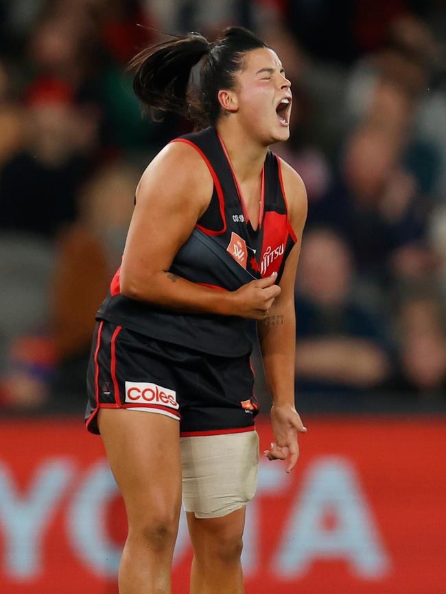 Maddy Prespakis celebrates a goal in her first game for Essendon. (Photo by Michael Willson/AFL Photos via Getty Images)