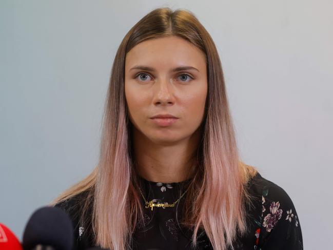 Belarusian Olympic athlete Krystsina Tsimanouskaya said a phone call from her grandmother sparked her decision to defect. Picture: AFP