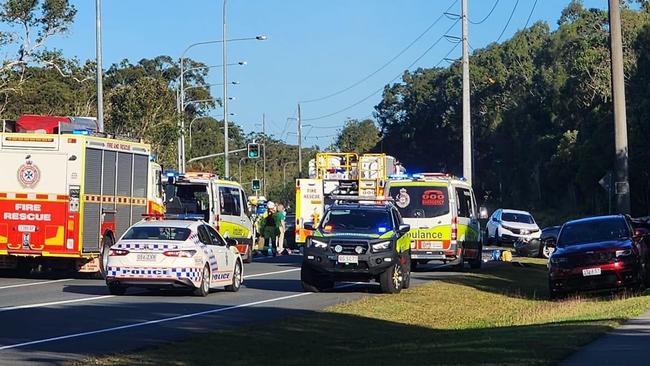 Four people, including a man who was trapped inside a car wreck and two children, were taken to the Sunshine Coast University Hospital after a horror crash on Claymore Rd at Sippy Downs. Picture: Kiel Hughes