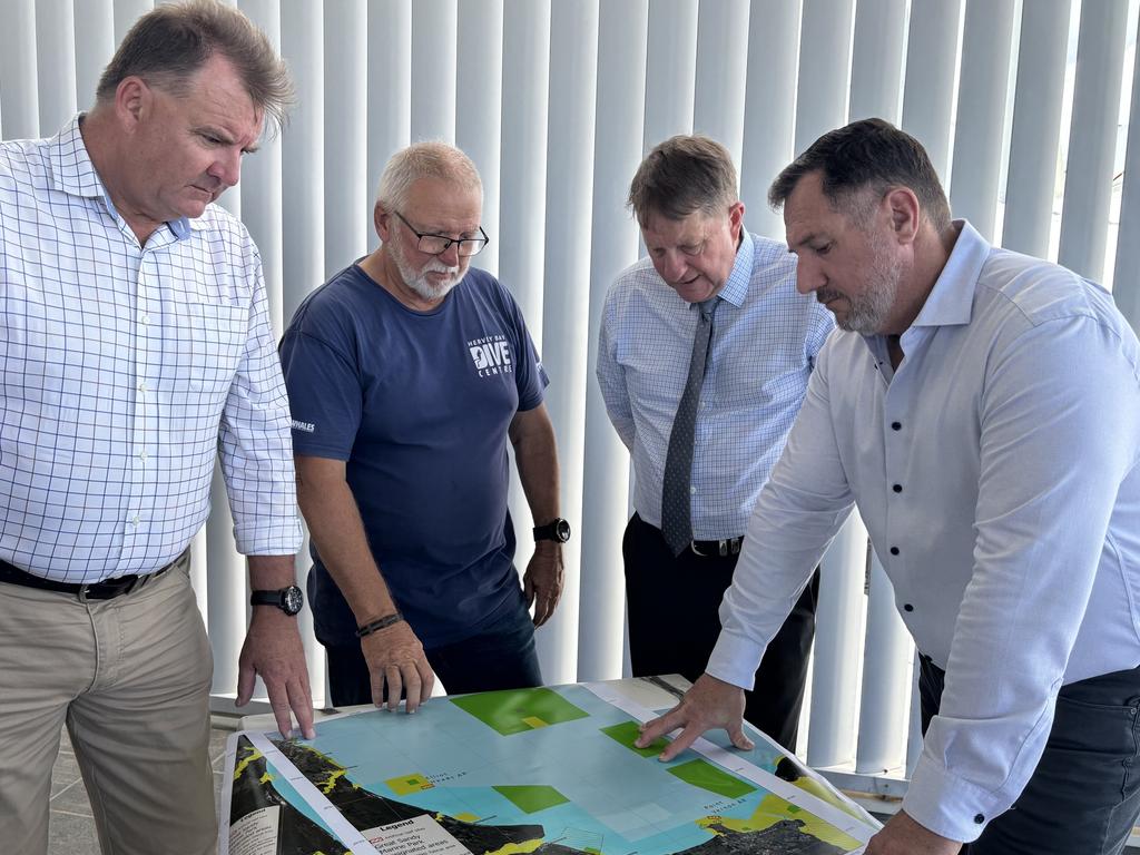 Member for Burnett Stephen Bennett, member for Hervey Bay David Lee with Hervey Bay Dive Centre owner Ed Gibson and Tourism Minister Andrew Powell.