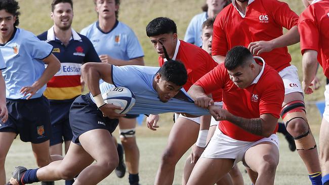 CHS1 (Blue) v CAS1 (red). Action from the NSW Schools rugby union trials at Eric Tweedale Oval. Pic: John Appleyard