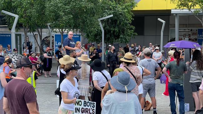 Protesters gather in Brisbane on Sunday. Picture: Steve Pohlner