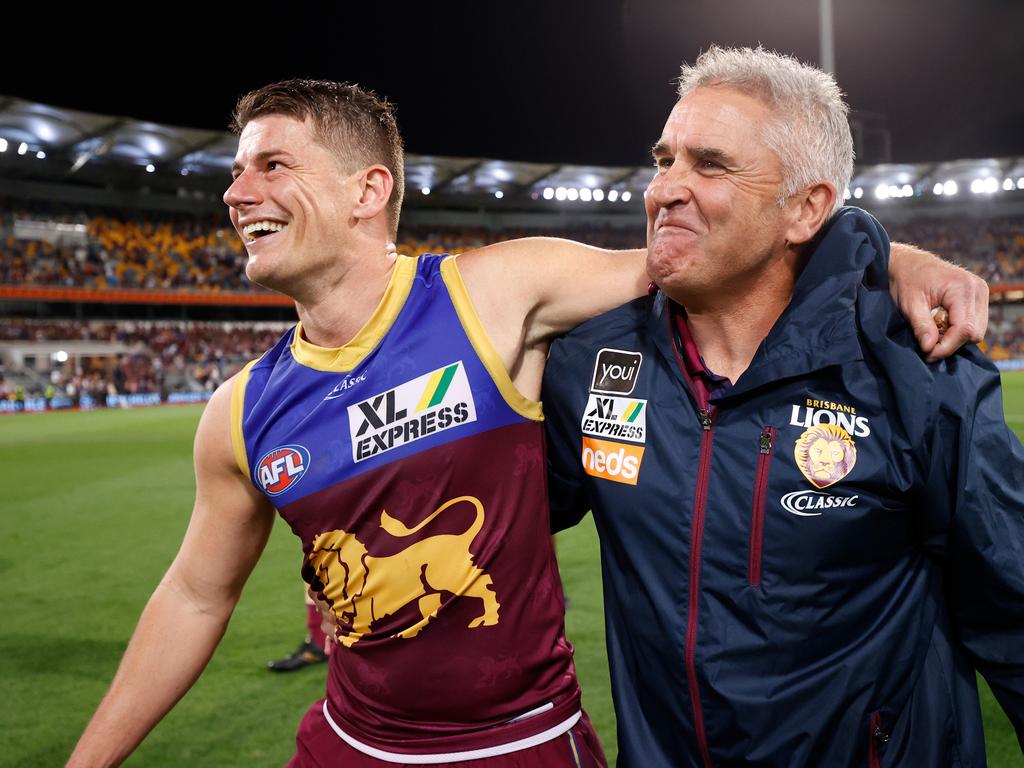 Lions veteran Dayne Zorko (left) is full of admiration for his coach Chris Fagan. Picture: Michael Willson/AFL Photos via Getty Images