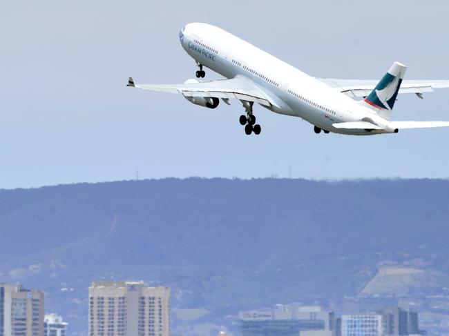 Cathay Pacific A-330 plane taking off from Adelaide Airport bound for Hong Kong.