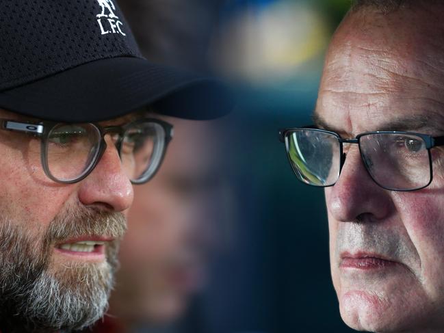 FILE PHOTO (EDITORS NOTE: COMPOSITE OF IMAGES - Image numbers 1192490514, 1176107032 - GRADIENT ADDED) In this composite image a comparison has been made between Jurgen Klopp, Manager of Liverpool (L) and Marcelo Bielsa manager of Leeds United. Liverpool and Leeds meet in a Premier League fixture on September 12,2020 at Anfield in Liverpool, England.  Leeds United return to the Premier League,16-years after being relegated at the end of the 2003/2004 season. ***LEFT IMAGE***  BOURNEMOUTH, ENGLAND - DECEMBER 07: Jurgen Klopp, Manager of Liverpool looks on prior to the Premier League match between AFC Bournemouth and Liverpool FC at Vitality Stadium on December 07, 2019 in Bournemouth, United Kingdom. (Photo by Catherine Ivill/Getty Images) ***RIGHT IMAGE*** LEEDS, ENGLAND - SEPTEMBER 21: Marcelo Bielsa manager of Leeds United looks on prior to the Sky Bet Championship match between Leeds United and Derby County at Elland Road on September 21, 2019 in Leeds, England. (Photo by George Wood/Getty Images)