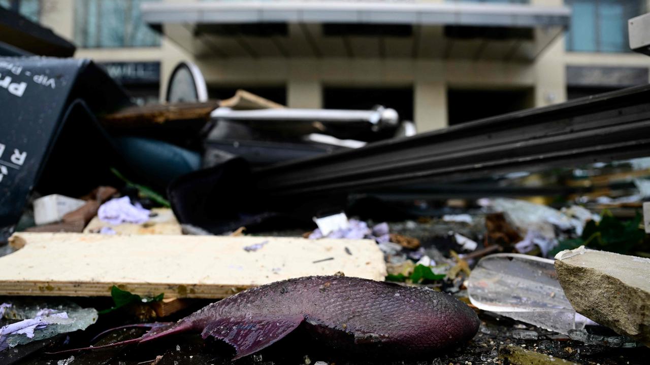 A dead fish lies in the debris in front of the Radisson Blu hotel. Picture: John MacDougall/AFP