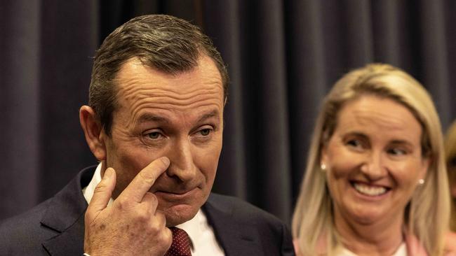 WA Premier Mark McGowan announces he is quitting politics. Sarah his wife on his right side. Picture: Colin Murty