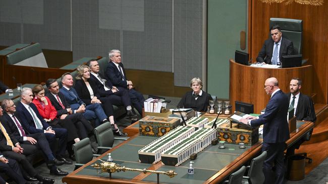 Labor ministers watch on as the Opposition Leader delivers his budget reply speech. Picture: NCA NewsWire / Martin Ollman