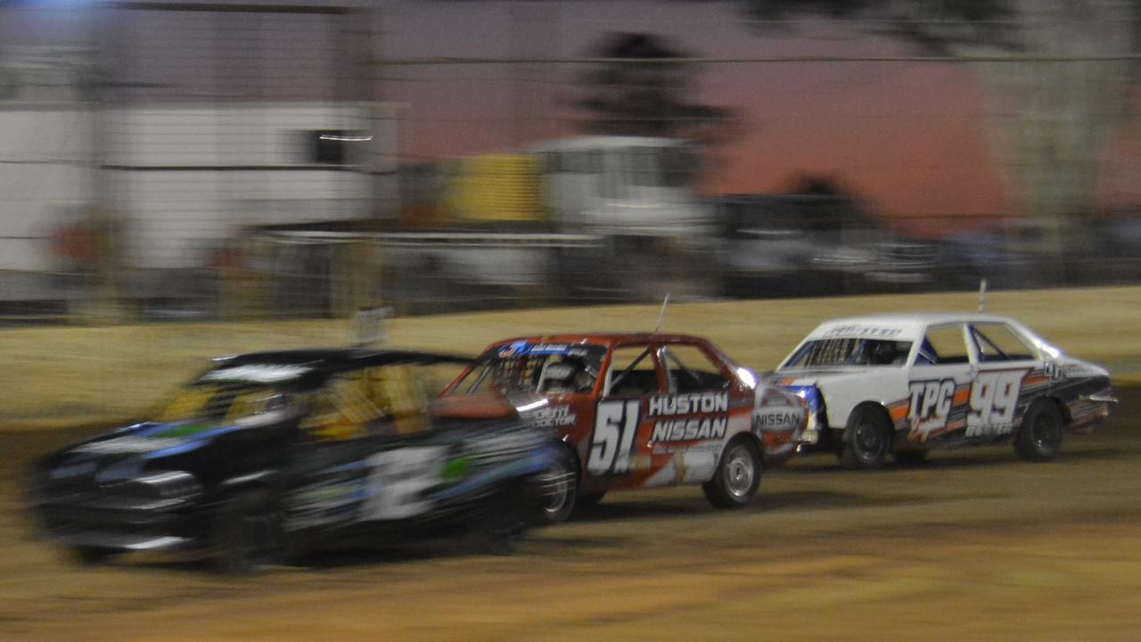 Junior Sedans new stars Bailey Payne takes the lead, followed by Khan Thoroughgood and Levi O'Brien at the Kingaroy Speedway on Saturday, November 16. (Photo: Jessica McGrath/ South Burnett Times)