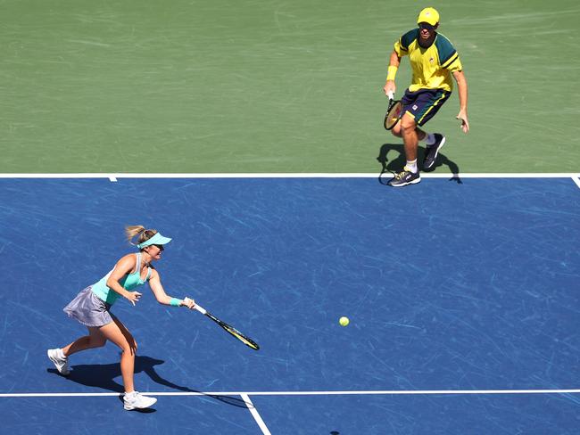 Storm Sanders and John Peers on court in the mixed doubles final against Kirsten Flipkens of Belgium and Edouard Roger-Vasselin Elsa/Getty Images/AFP