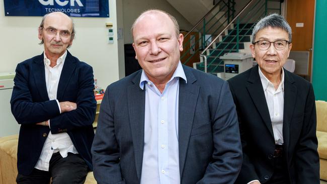 Founders of DEK, Kerim Tanovic, Drini Mulla and Eddie Yim at the company HQ in Broadmeadows. Picture: NCA NewsWire / David Geraghty