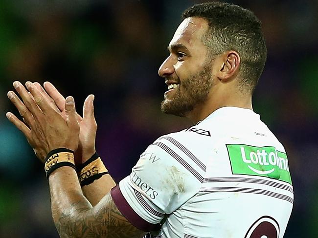 MELBOURNE, AUSTRALIA - MAY 19:  Apisai Koroisau of the Manly Sea Eagles is sent off during the round 11 NRL match between the Melbourne Storm and the Manly Sea Eagles at AAMI Park on May 19, 2018 in Melbourne, Australia.  (Photo by Robert Prezioso/Getty Images)