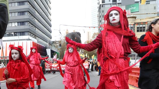 Climate protest in Melbourne CBD where protesters are blocking intersections including this one on Elizabeth and Lonsdale St.