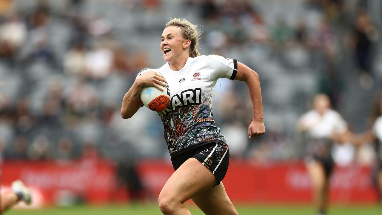 SYDNEY, AUSTRALIA - FEBRUARY 12: Jaime Chapman of the Indigenous All Stars breaks clear to score a try during the match between the Women's Indigenous All Stars and the Women's Maori All Stars at CommBank Stadium on February 12, 2022 in Sydney, Australia. (Photo by Mark Metcalfe/Getty Images)