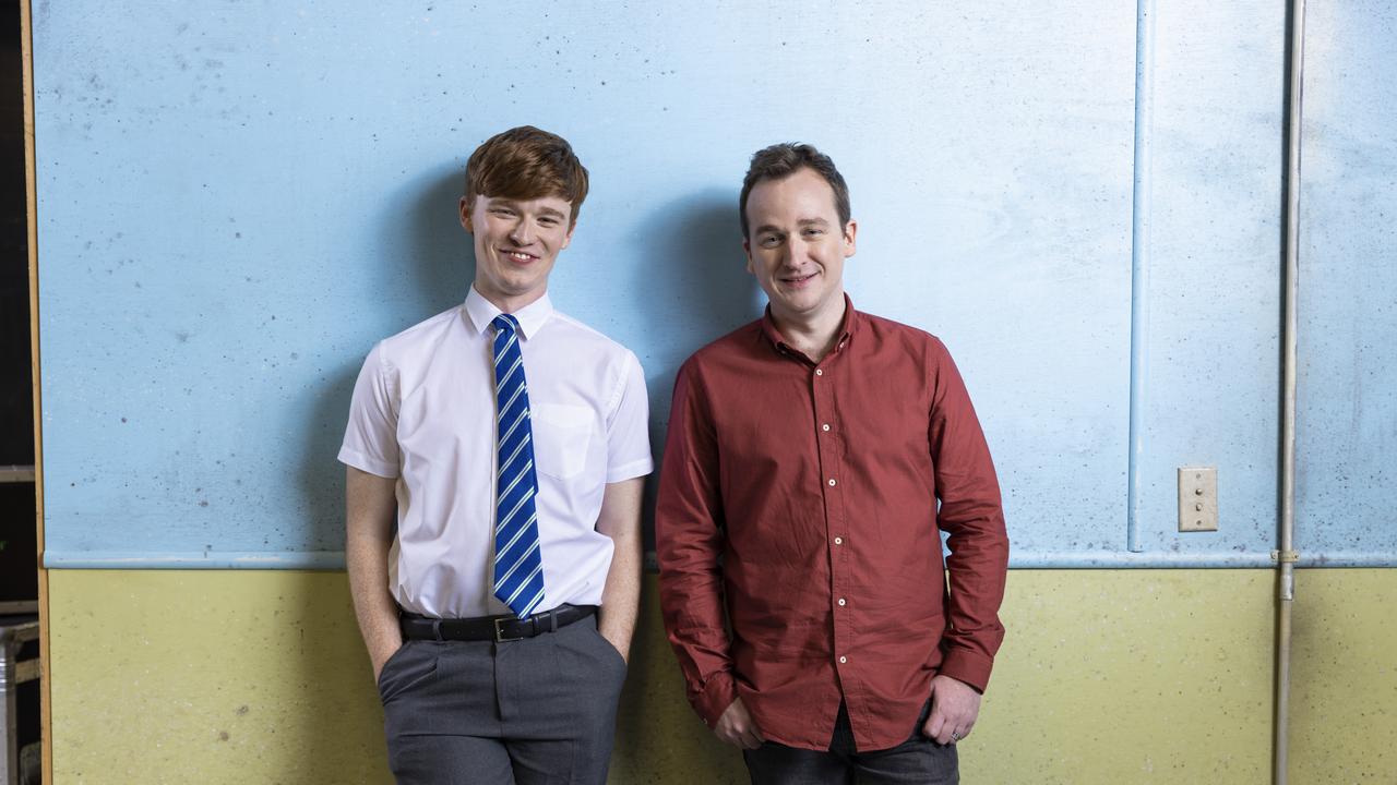 Actor, Conor Leach and writer, Shannon Molloy (right) on set of the play based on Molloy’s life, Fourteen. Picture: Mark Cranitch.