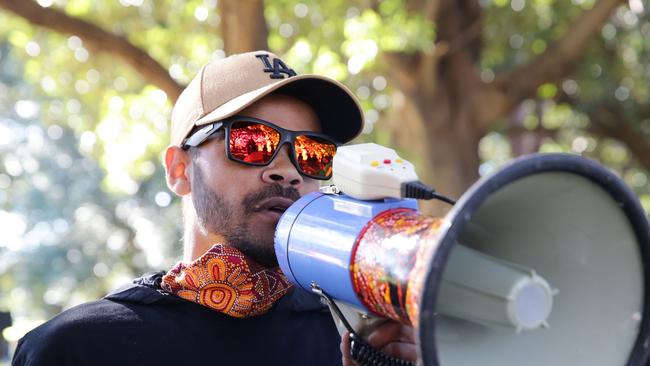 Black Lives Matter protest leader Paul Silva at the protest in The Domain on Sunday. Picture: David Swift