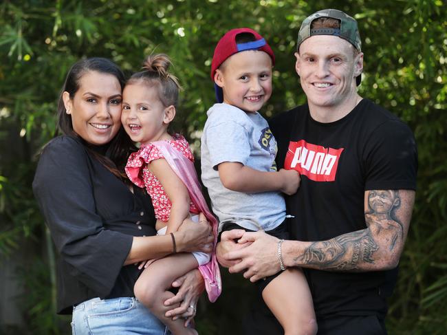 Mitch Robinson with partner Emma MacNeill and their kids Charli and Chance Robinson. Picture: Annette Dew