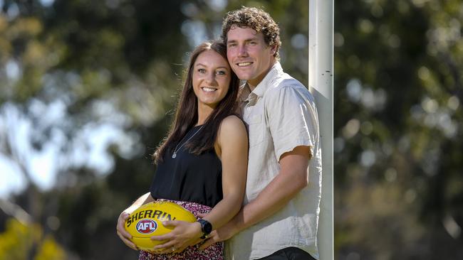 AFL field umpire Eleni Tee is expecting her first child with husband Dillon Tee. Picture: Roy VanDerVegt