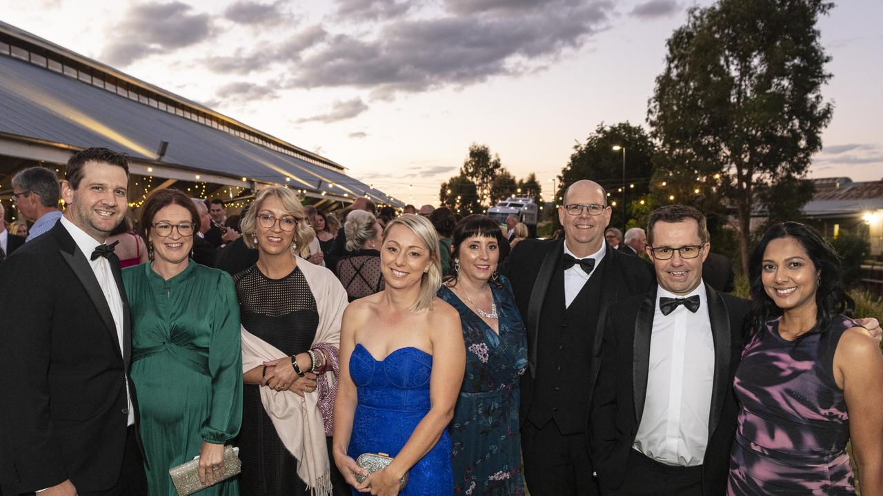 At LifeFlight Toowoomba Gala are (from left) Kim Murray, Danielle Murray, Jodi Miles, Lenise Wilson, Nadine Fogarty, Michael Fogarty, Tim Miles and Jacinta Wilson at The Goods Shed. Picture: Kevin Farmer