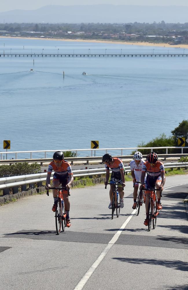 Cyclists head up picturesque Olivers Hill, Frankston. Picture: Andrew Batsch